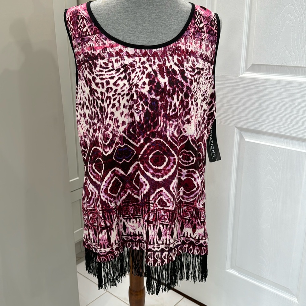 NWT Notations Sleeveless Blouse with Fringed Hem